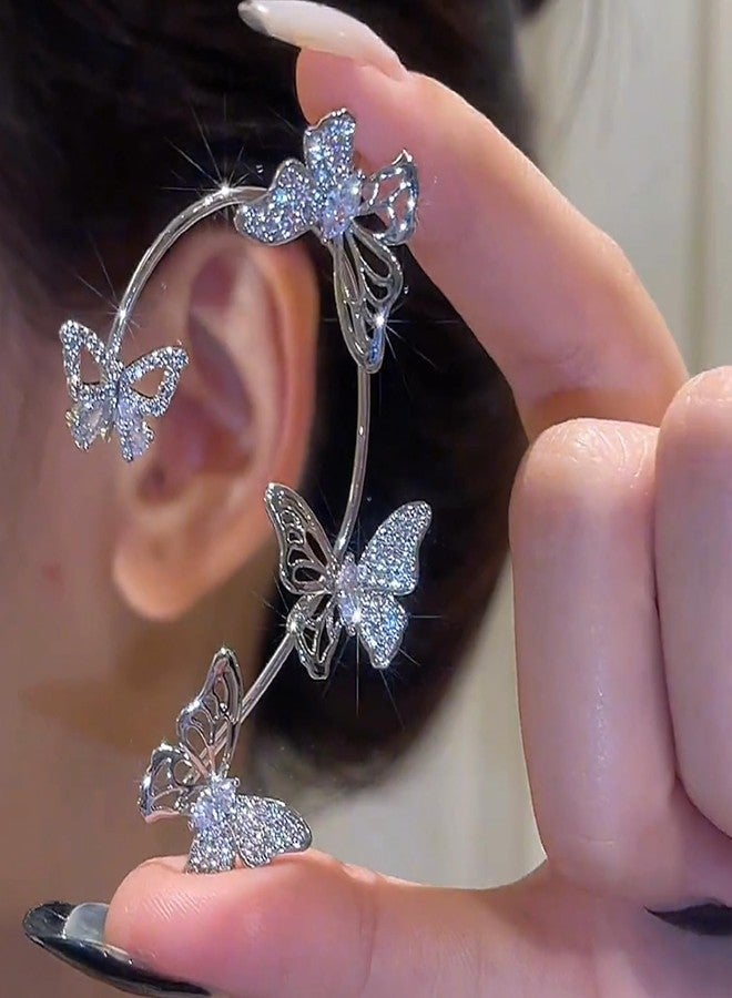 DOLLESS Butterfly Ear Cuff for Women Cubic Zirconia Butterfly Ear Wrap No Piercing Clip On Earrings (Silver) - Image 3